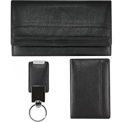 Cow leather clutch wallet, card holder, key chain set CSET01L Black