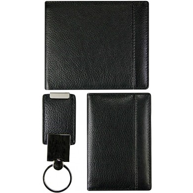 Cow leather bifold wallet, card holder, key chain set CSET02S Black