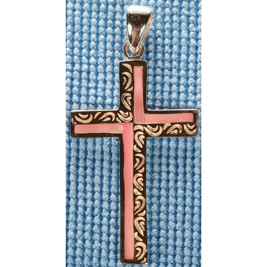 Sterling silver cross with pink shell inlay SCROSS001-3