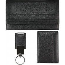 Cow leather clutch wallet, card holder, key chain set CSET01L Black