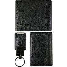 Cow leather bifold wallet, card holder, key chain set CSET02S Black
